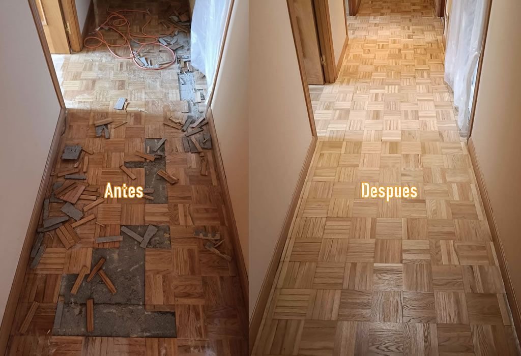 Parquet reparado y barnizado en Chamartín, Madrid, después