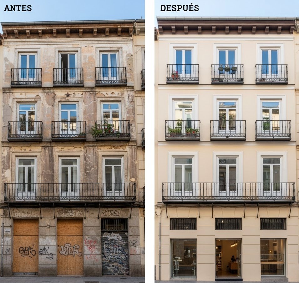 Fachada rehabilitada con SATE en Madrid después de las obras